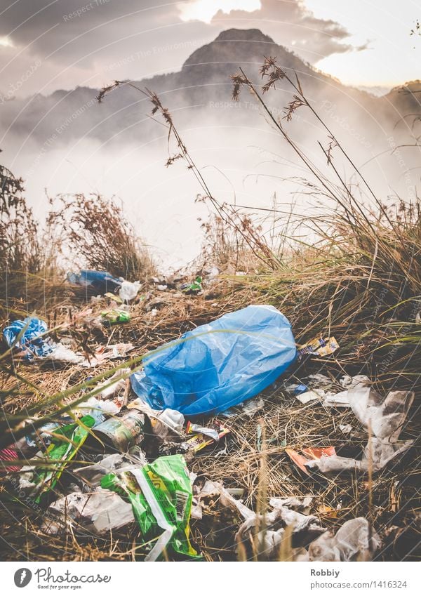 great views Environment Nature Landscape Meadow Mountain Peak Lombok Trash Garbage bag Dirty Disgust Stress Relaxation Society Idyll Climate Sustainability