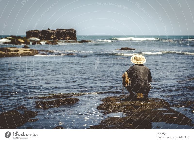 Waiting for the big catch Fisherman Angler Masculine Man Adults 1 Human being Coast Lakeside River bank Ocean Island Bali Fishing net Fishery Fishing (Angle)