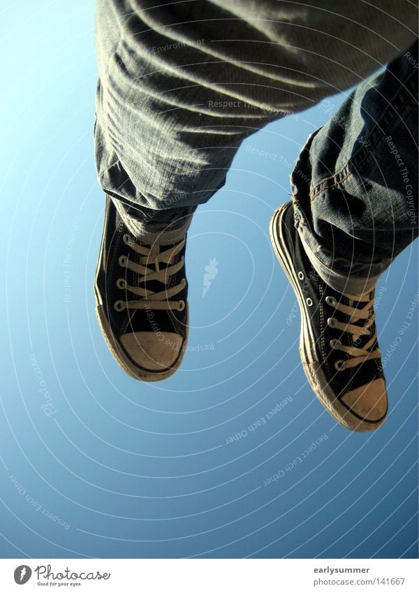 Withdrawn Freedom Summer Sun Aviation Youth (Young adults) Legs Feet Air Sky Beautiful weather Pants Jeans Footwear Sneakers Flying Blue Black Chucks Shoelace