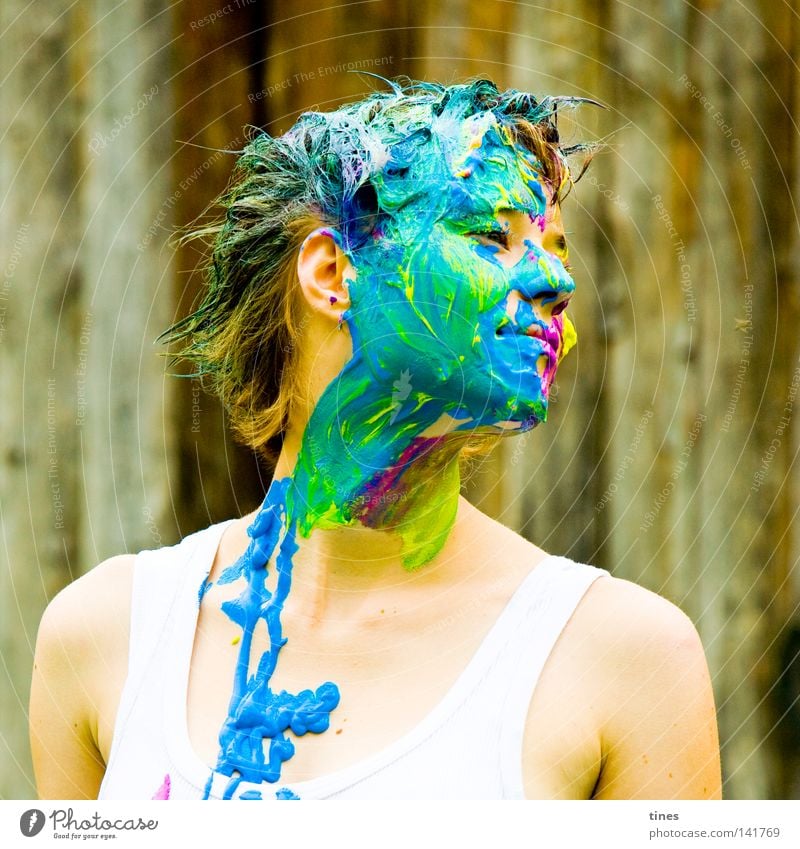 Action Painting! Colour Blue Green Yellow Human being Wood Ear Side Tracks Finger paint Graffiti Hair and hairstyles Face Animal face Woman Punk rock Painted