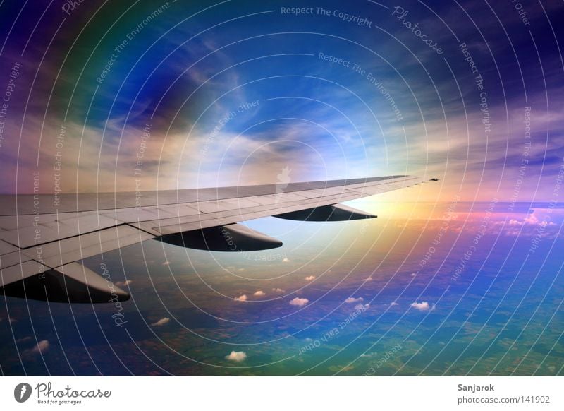 visual storm (northern lights? :) Airplane Clouds Airplane window Window Pol-filter Above the clouds Wing Airport Flying Glass Impulsion Engines Conduct