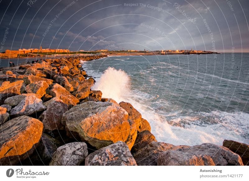 stony line Environment Nature Water Sky Clouds Storm clouds Night sky Horizon Sunrise Sunset Summer Weather Beautiful weather Rock Waves Coast Ocean