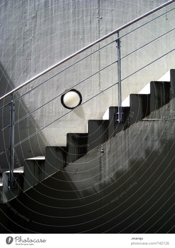 upward Above Gray Round Ball Corner Tall Upward Line Going Walking Stairs White Concrete Lamp Downward Metal Descent Handrail Banister Shadow Black Go up