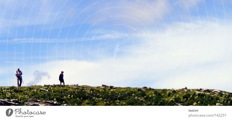 small people, big nature [4/5] Sky Mountain Human being Vantage point Far-off places Stone Rock Grass Nature Hiking Small Large Clouds Backpack Switzerland