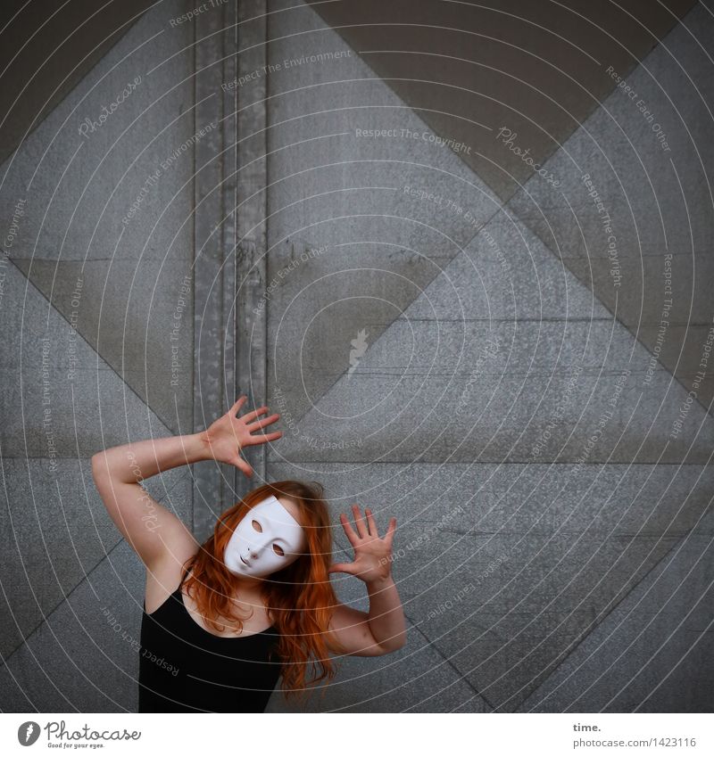 anastasia Feminine 1 Human being Art Stage play Actor Dancer Mask Wall (barrier) Wall (building) door T-shirt Red-haired Long-haired Observe Looking Athletic