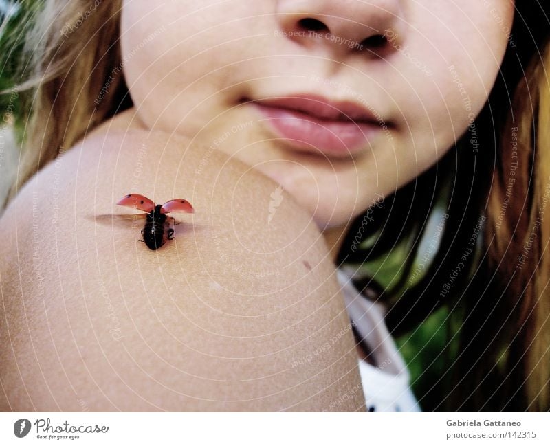 Happiness remains. Happy Red Flying Loneliness Girl Doomed Reunion Stay Forget Departure Release Lips Ladybird Beetle Memory Shoulder Hair and hairstyles