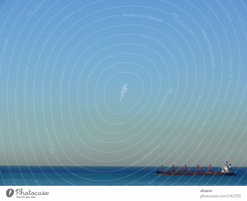 Far, far away Watercraft Ocean Lake Swell High tide Container ship Sky Means of transport Logistics Beautiful weather Blue Haze Horizon Longing Navigation slack