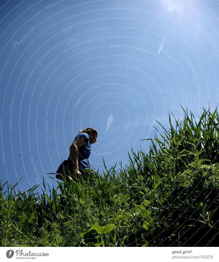 retrospect Summer Grass Green Meadow Field Blade of grass Man Sunbeam Hill Spring Sky Human being Blue