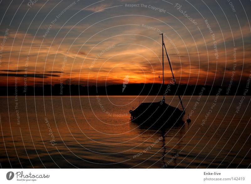 Sunset Lake Watercraft Sailboat Lake Starnberg Sky Dusk Red Calm Peace Serene Relaxation To enjoy Beautiful Horizon Reflection Evening Colouring Mast Dream