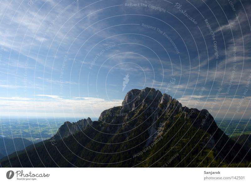 Skyward, the heart rejoices.... *sing* Mountain Plain Vantage point Peak Clouds Beautiful weather Blue sky Flying Far-off places Drift Joy Hiking Tree Forest