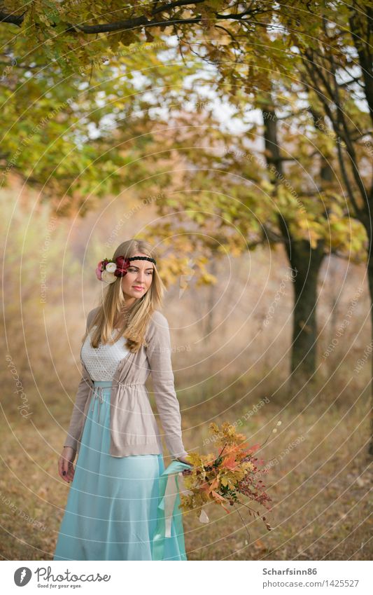 Bride boho style in the autumn oak alley. Wedding Feminine Young woman Youth (Young adults) Body Hair and hairstyles Face 1 Human being 18 - 30 years Adults