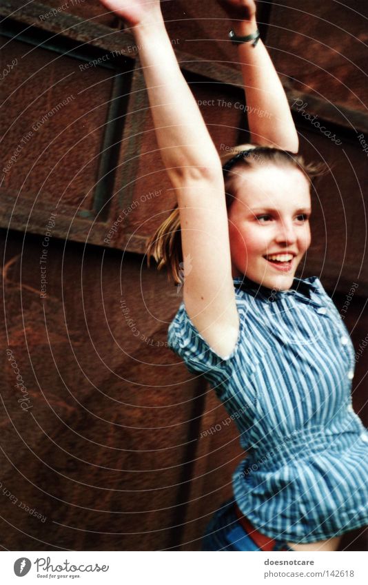 the whole world (could melt, i don't care.) Joy Beautiful Feminine Woman Adults Shirt Blonde Rust Laughter Jump Freckles Teeth Smiling Exuberance Hop Stripe