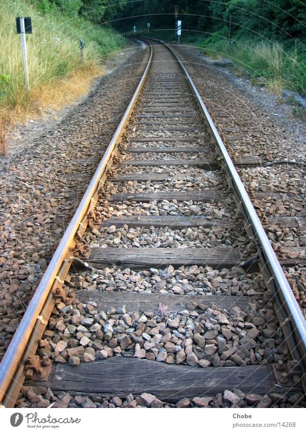 Rails 1 Railroad Railroad tracks Iron Wood Transport Perspective Stone in the morning