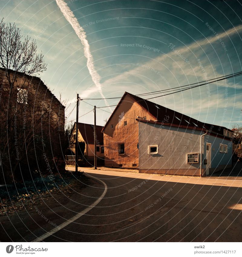 racetrack Trip Electricity pylon Cable Eaves Sky Climate Weather Beautiful weather Tree Twigs and branches cirrostratus clouds Bautzen Lausitz forest Village