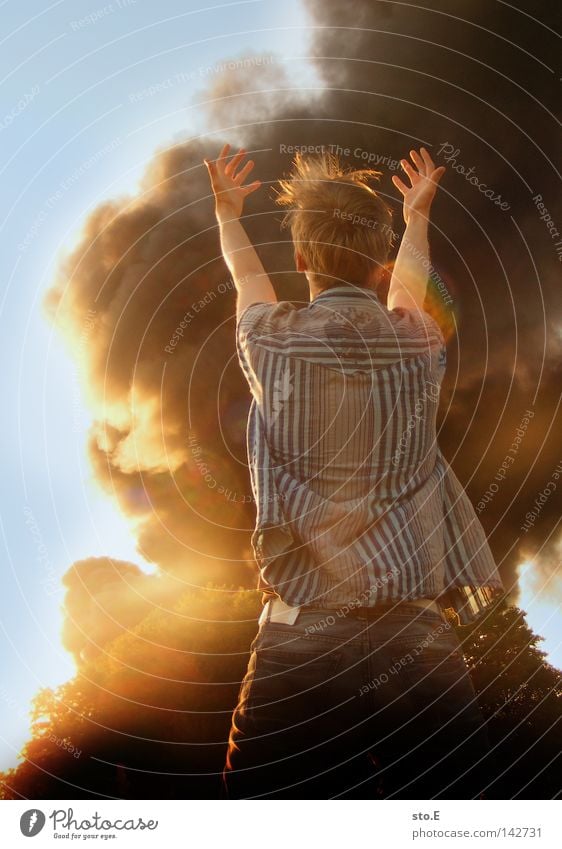 Lost Fellow Man Youth (Young adults) Field Meadow Black Clouds Smoke Shadow Dazzle Glare effect Darken Tree Eerie Grief Distress Sky Human being personal photo