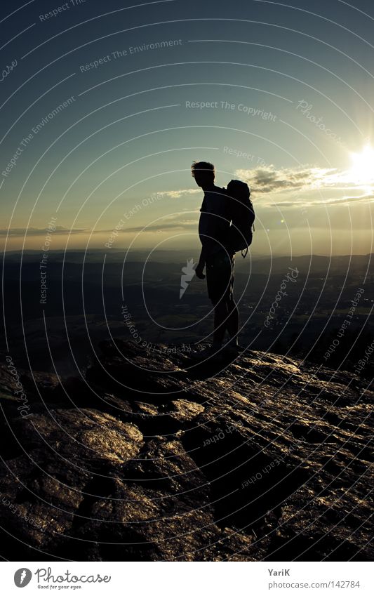 outlook Hiking Peak Back-light Sunset Sky Clouds Dark Black Mountaineering Man To board Backpack Far-off places Vantage point Stony Drop shadow Shadow Horizon