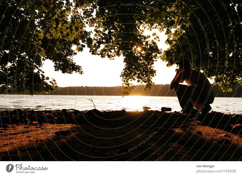 BOREDOM IN ACTION Human being Man Sunbeam Dazzle Jump Hop Lake Beach Slope Mirror Reflection Waves Calm Relaxation Happiness Scouts Closing time