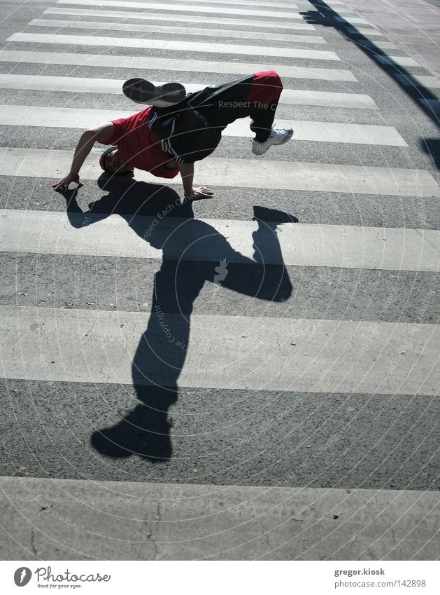 Breakdance Man Dance Street sign Sign White Clouds pose super Flying Friendliness Bright stuff Suit Hat Black Red Light yo rap Hip Hop Shadow Middle center