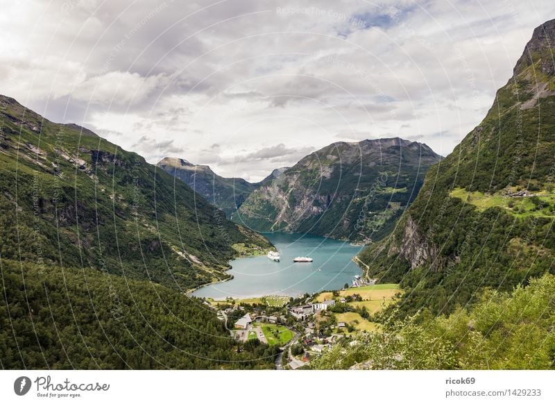 View of the Geirangerfjord Relaxation Vacation & Travel Cruise Mountain Nature Landscape Water Clouds Fjord Idyll Tourism Norway cruise liners Møre og Romsdal