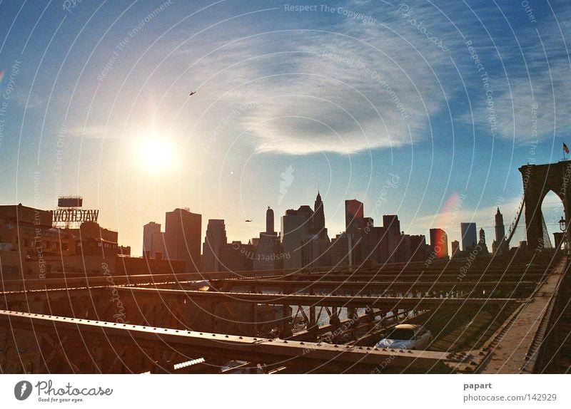 sunset on steel Town Steel Bridge Panorama (View) High-rise New York City USA Americas Sun Sunset Summer Brooklyn Brooklyn Bridge Monument Monumental Landmark