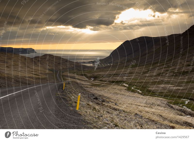 Road to the sea Landscape Clouds Horizon Sunrise Sunset Beautiful weather Rock Mountain Coast Iceland Europe Skyline Street Wanderlust Fjord Clouds in the sky