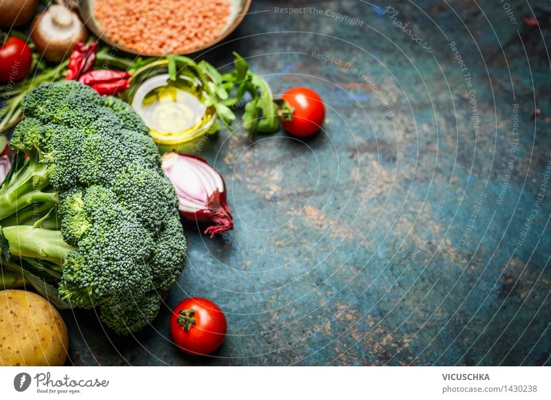 broccoli , vegetables, red lentils with ingredients for cooking Food Vegetable Lettuce Salad Grain Herbs and spices Cooking oil Nutrition Lunch Dinner Buffet