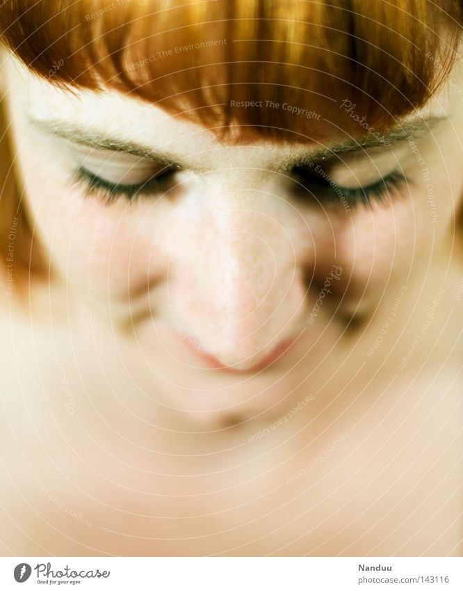 autumn Face Human being Portrait photograph Woman Hair and hairstyles Bangs Red Red-haired Lower Looking Closed eyes Happy Happiness Impish Think Chin Nose