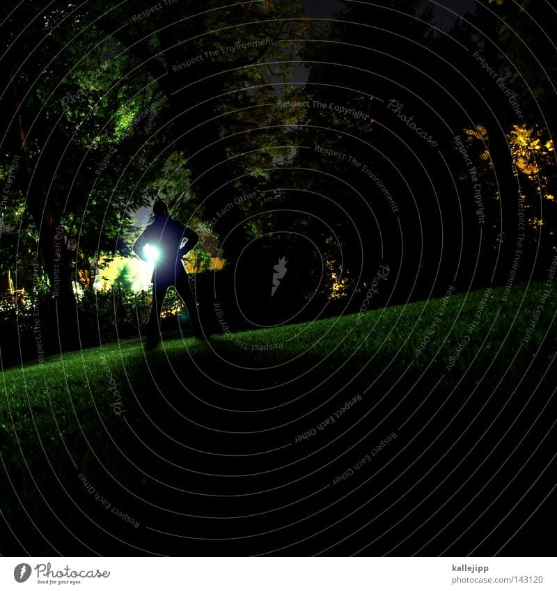 We met in a garden. Man Park Green Night Monster Criminal Garden gnome Gardener Light Back-light Long exposure Silhouette Creepy Tree Neon light Street lighting