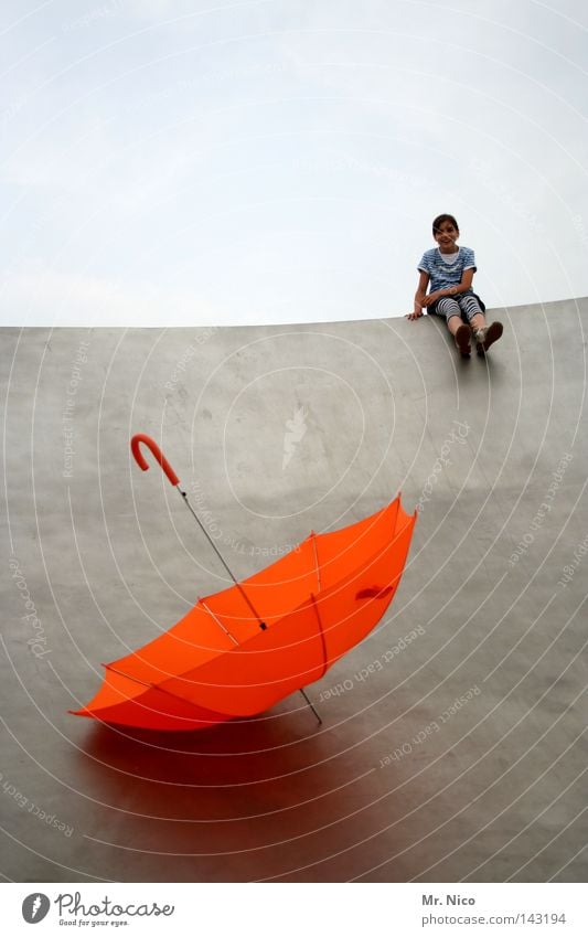 umbrella slide Joy Summer Child Girl Sky Clouds Weather Bad weather Rain Warmth Umbrella Metal Stripe Flying Sit Throw Cool (slang) Gray Red Silver Monsoon