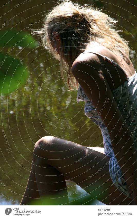 They at the lake Woman Beautiful Feminine Blonde Long-haired Thigh Mysterious Voyeurism Reflection Mirror Body of water Pond Lake Leaf Green Thin Delicate Think