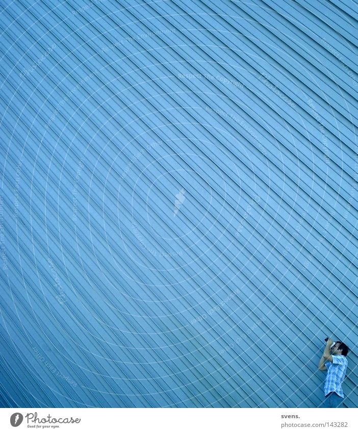 photographer's perspective Photographer Perspective Industry Linearity Blue Observe Factory hall sheet metal Strip Perspective Architecture