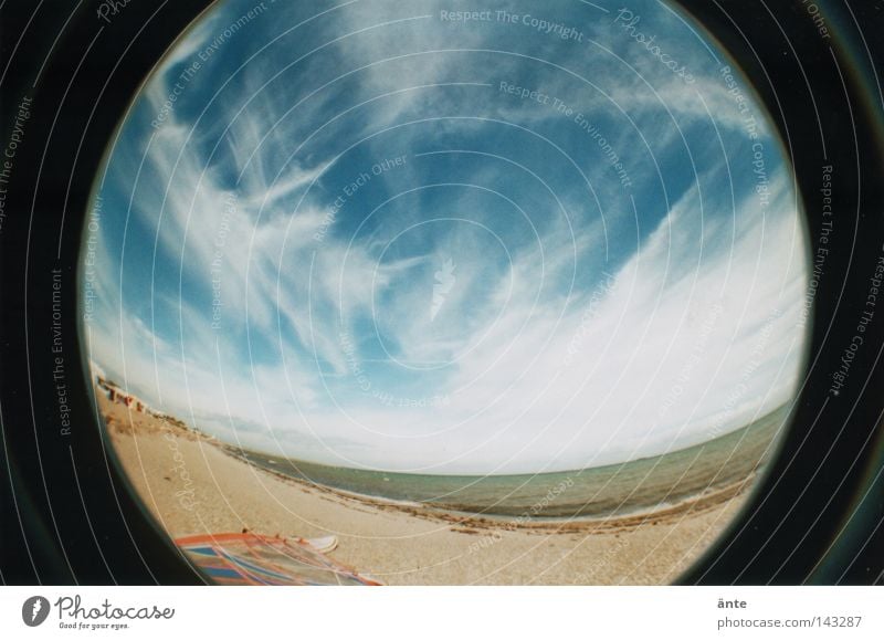 Make blue Lomography Fisheye Round Ocean Vacation & Travel Cirrus Sandy beach Beach Physics Infinity Coast Fisheye 2 Distorted Sky cirrostratus clouds