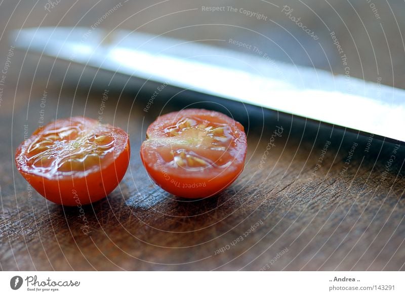 last meal Vegetable Knives Healthy Fresh Juicy Red Vitamin Tomato Macro (Extreme close-up) Nutrition Food Colour photo Round Ingredients Cocktail tomato Cut