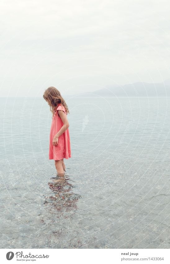 The sea rests still Far-off places Freedom Beach Ocean Feminine Girl 1 Human being Water Summer Coast Mediterranean sea Crete Dress Long-haired Observe