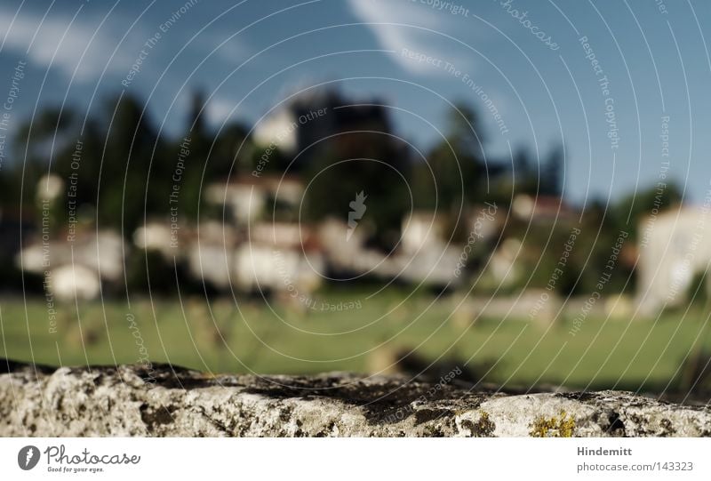 Montardier France Cévennes High plain Wall (barrier) Meadow Castle Village Fortress Moss Limestone Sky Clouds Blue White Green Blur Bale of straw Hay bale