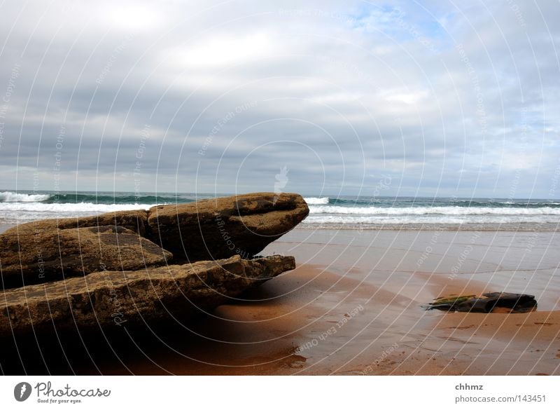 Rock in the surf Beach Coast Ocean Lake Stone Surf Low tide Footprint Torrents of water High tide Bad weather Clouds Weather Damp Wet Derelict Weathered