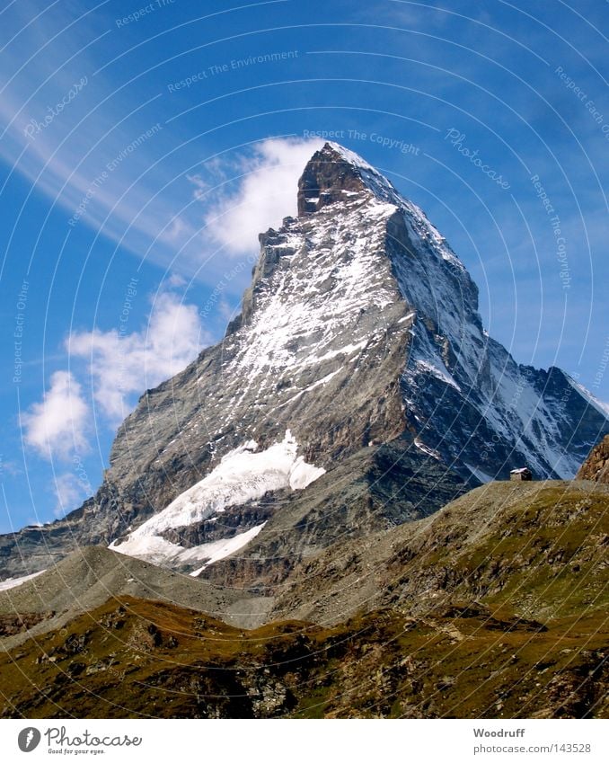 Smokey Mountain Matterhorn Zermatt Switzerland Large Impressive Famousness Tourist Tourism Mountaineer Gravel Stony Hotel Alps Green Sparse Snow White Cold Sky