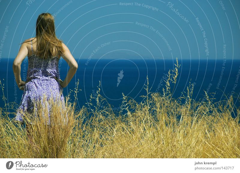 wanderlust Looking Ocean Blue Water Longing Lust Wanderlust Homesickness Far-off places Navigation Yellow Grass Summer Dress Summer dress Violet Wind