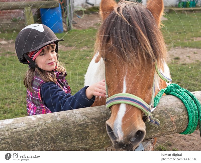 Girl with pony Lifestyle Equestrian sports Child Friendship 3 - 8 years Infancy Nature Animal Horse Wood Love Happiness portrait Farm Fashioned Halter Horseshoe