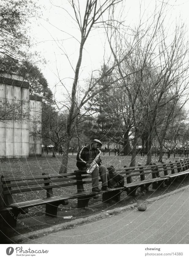 jazz musician New York City Saxophone USA Black & white photo Music Manhattan Park Park bench Busker Saxophon player