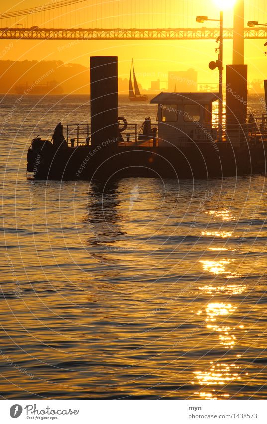 Tagus Lisbon Portugal Town Bridge Means of transport Navigation Boating trip Passenger ship Ferry Fishing boat Harbour Calm Vacation & Travel Warmth Sailboat