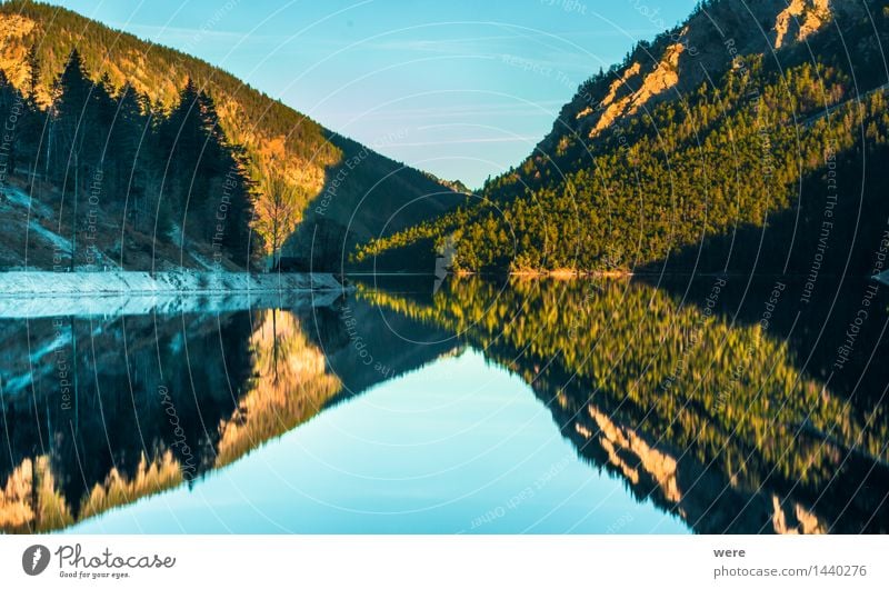 symmetry Relaxation Calm Vacation & Travel Mountain Mirror Nature Plant Water Autumn Leaf Coast Lakeside Pond Environmental protection rest Mountain lake