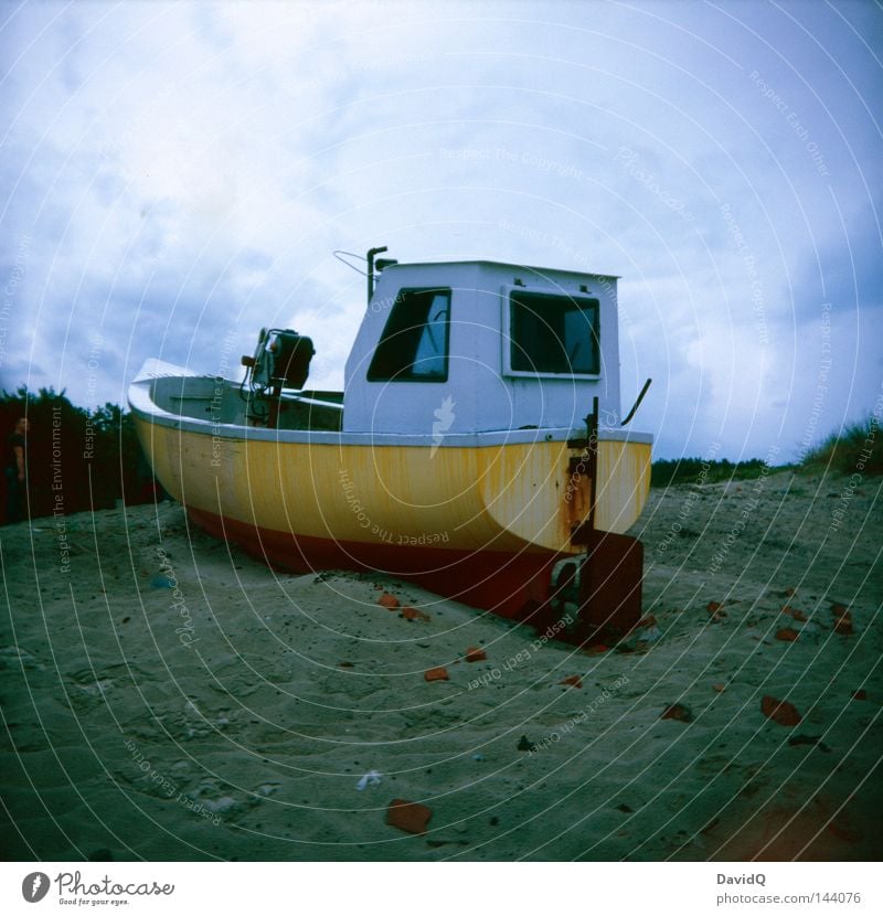 Hold your course, we're almost there! Watercraft Fishing boat Diesel Motorboat Fisherman Beach Dry Stranded Camel Lomography Coast Navigation Motor barge