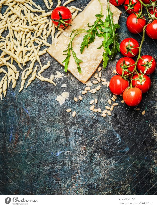 Fresh pasta with tomatoes, parmesan and rocket salad Food Cheese Vegetable Dough Baked goods Nutrition Lunch Dinner Buffet Brunch Organic produce