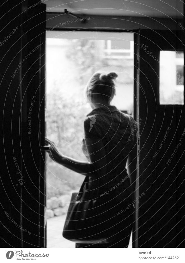 yard walk Black & white photo Contrast Woman Door Back-light Rear view Transience Seventies Europe pentax