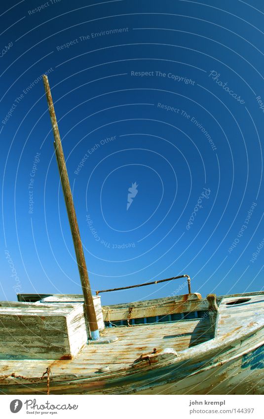 scrapped Wreck Watercraft Shipwreck Sailboat Mast Decline Decompose To break (something) Blue Sky Summer Greece Transience Navigation Beach Coast