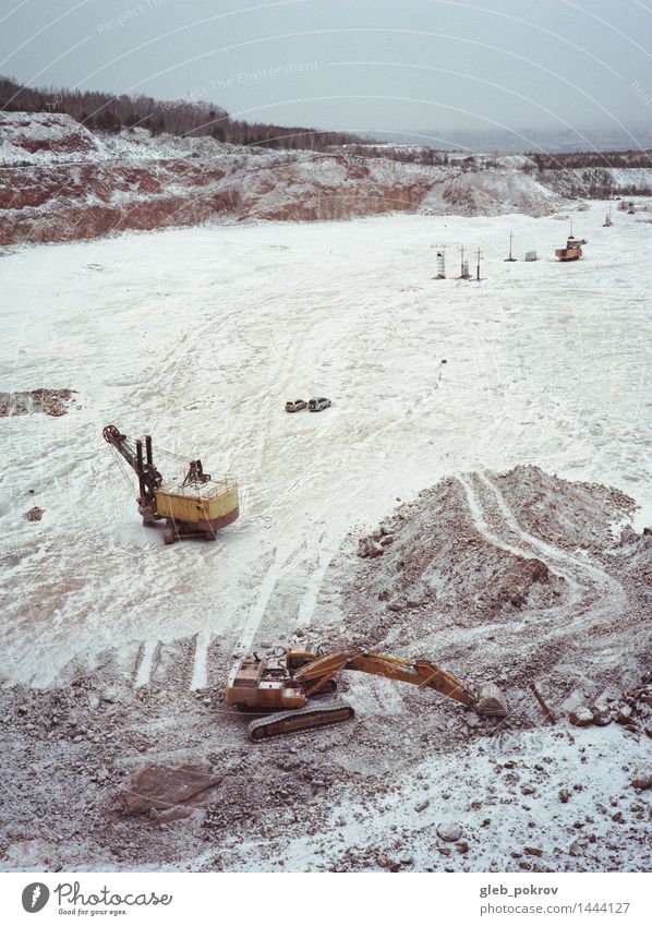 Doc #russian metall Adventure Machinery Drill Landscape Winter Stone Steel Dark Authentic Mobility Modern Services Quarry Colour photo Exterior shot Deserted