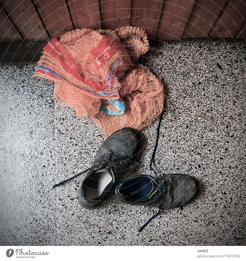 After work Floor covering Stone Working shoes potato net Net Lie Gloomy Under Serene Patient Calm Integrity Modest Boredom Indifferent Wooden wall Stairs