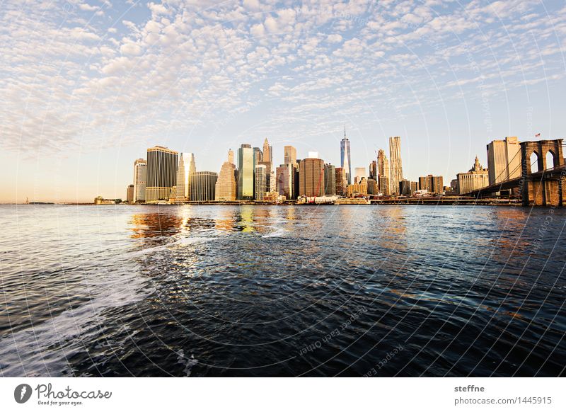 East River (with background scenery) Water Clouds Sunrise Sunset Beautiful weather Manhattan New York City Skyline High-rise Town Calm Brooklyn Bridge Dawn