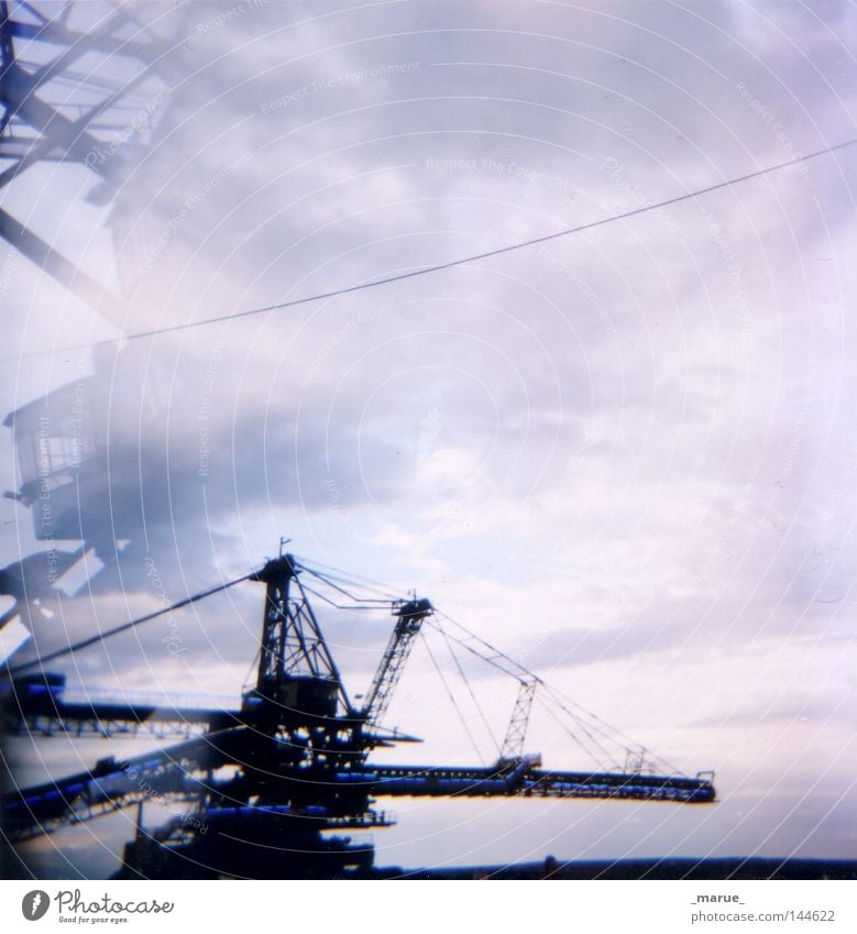 City of iron Music festival Festival Saxony-Anhalt Dessau East Crane Excavator Shovel Sky Reflection Lomography Holga Clouds Blue White Gray Black Lighting